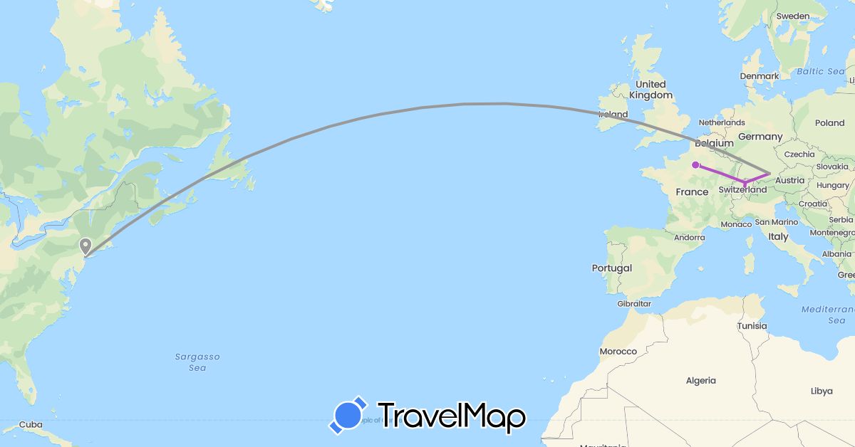 TravelMap itinerary: driving, plane, train in Switzerland, Germany, France, United States (Europe, North America)